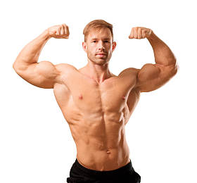 年轻英俊健美男子摆出肌肉的外