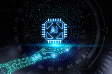 機(jī)械手手持發(fā)光數(shù)字 Ai 芯片。人工智能的概念。3d 渲染 