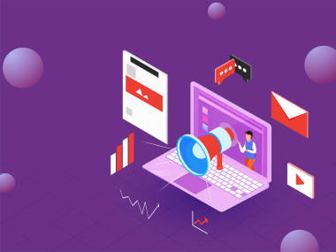 基于廣告概念的等距設計與筆記本、社交媒體和圖表元素的抽象背景