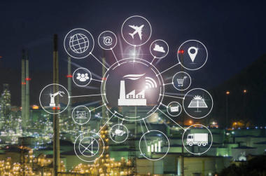 行业4.0 概念, 智能工厂与图标流自动化和数据交换的制造技术.