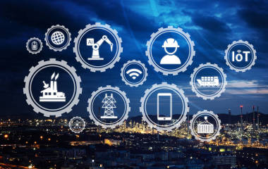 聪明的产业4.0 在早晨时间。工业与蓝天。工业图标模式