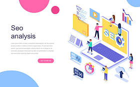 现代平面设计的等距概念的 Seo 分析的旗帜和网站。登录页模板。团队合作项目, 网络代理和新公司项目。矢量插图