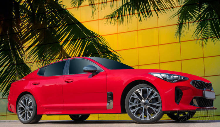 紅色汽車的背景棕櫚樹。時(shí)尚, 現(xiàn)代, 明亮的汽車形象設(shè)計(jì)解決方案