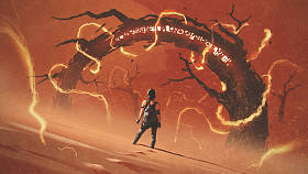 冒险场面显示年轻妇女站立在奇怪的树门前面以闪电作用反对红色沙漠, 数字式艺术样式, 例证绘画