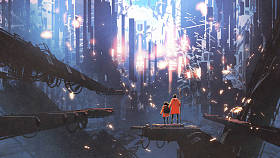 父亲和他的女儿看着抽象的城市与发光的粒子围绕他们飞来飞去, 数字艺术风格, 插图画