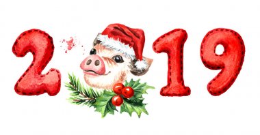 2019新年快乐横幅。有数字的可爱猪。星座。水彩手绘插图, 在白色背景下隔离 2019新年快乐横幅。有数字的可爱猪。星座。水彩手绘插图, 在白色背景下隔离