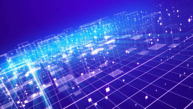 一个先进的3d 插图的一个网络空间城市与许多闪闪发光的透明建筑放在一个格子从正方形在紫罗兰色背景放置歪。他们是一样的, 看起来很有开拓性