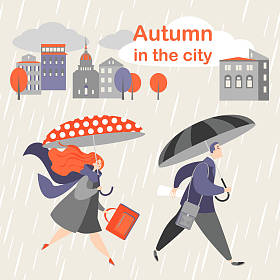 一个男人和一个带着雨伞的女人正在匆忙地上班。秋天城市风景