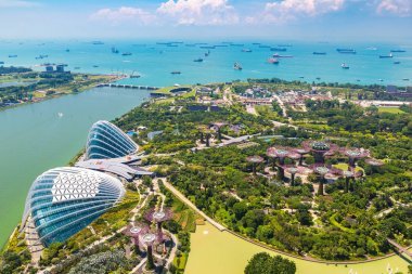 新加坡-2018年6月23日: 夏季日在新加坡海湾花园的温室花圆顶和云林