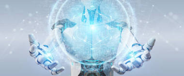 模糊背景下的白色機器人使用數(shù)字眼監(jiān)視全息圖3d 渲染