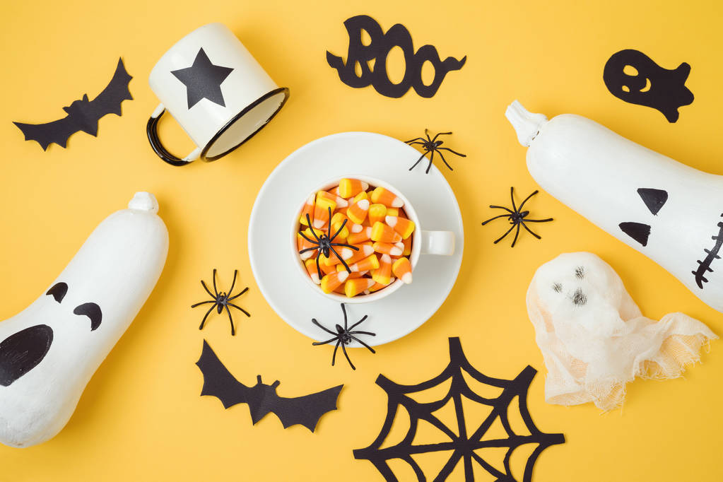 万圣节假期背景与杰克 o 灯笼南瓜, 糖果玉米和装饰