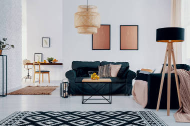 粉紅色海報上面的綠色沙發(fā)在明亮的公寓內(nèi)部與圖案的地毯和燈。真實照片