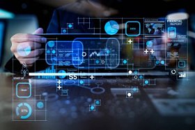 财务报表数据的业务运作 (资产负债表和损益表和图表) 作为 Fintech 概念. 商务人士手在笔记本电脑上使用数字层业务策略商务背景