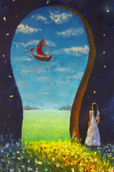 公主, 美麗的年輕女孩在一條長白色禮服看從夜到天在一艘老飛行船猩紅帆-繪畫, 童話的例