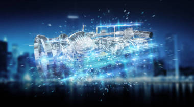 藍(lán)色城市背景下的發(fā)動(dòng)機(jī)線框全息3d 數(shù)字投影