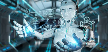 模糊背景下的白色仿人創(chuàng)建人工智能接口