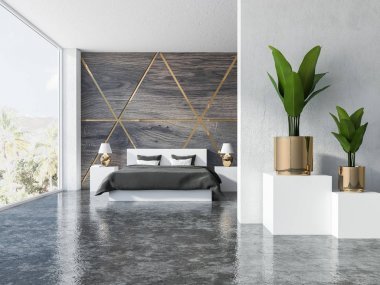 三角形圖案木質(zhì)和金色臥室內(nèi)部有灰色地板, 全景窗, 一張雙人床, 兩個(gè)床頭桌上有可愛的燈。有植物的金盆。3d 渲染復(fù)制空間