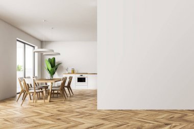 現(xiàn)代餐廳和廚房的內(nèi)部, 白色的墻壁, 木地板, 白色臺(tái)面, 桌子和椅子。3d. 右側(cè)渲染復(fù)制空間墻