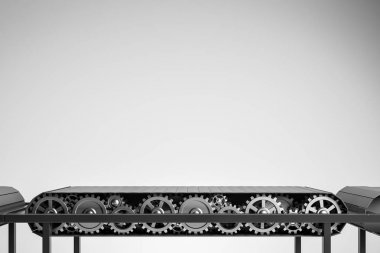 帶灰色背景的空傳送帶。大規(guī)模生產(chǎn)、交付和消費(fèi)主義的概念。3d 渲染復(fù)制空間