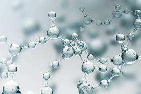 模糊灰色分子背景下的透明灰色抽象分子模型。科学、化学、医学和微观研究的概念。3d 渲染复制空间