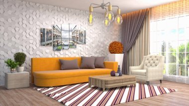 客厅的内部。3d 插图