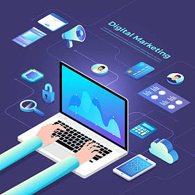 插图平面设计概念数字营销。通信业务通过设备和图标互联网工具。等距向量说明. 