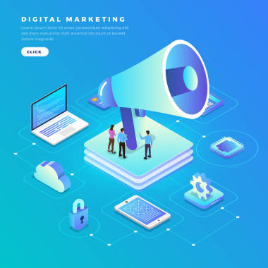 插圖平面設(shè)計(jì)概念數(shù)字營(yíng)銷。通信業(yè)務(wù)通過設(shè)備和圖標(biāo)互聯(lián)網(wǎng)工具。等距向量說明. 