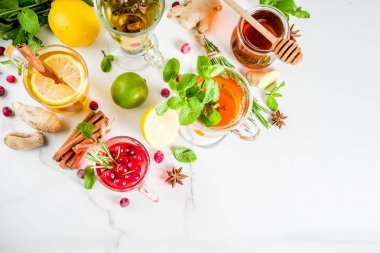 各種秋冬草本水果和漿果茶, 配以蔓越橘、薄荷、迷迭香、檸檬。石灰?；ɑ? 藥用草藥和香料。頂部視圖復(fù)制空間
