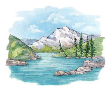 湖和山的水彩插圖圖片
