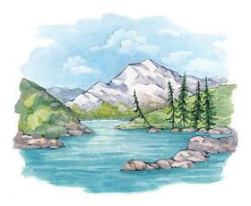湖和山的水彩插图图片