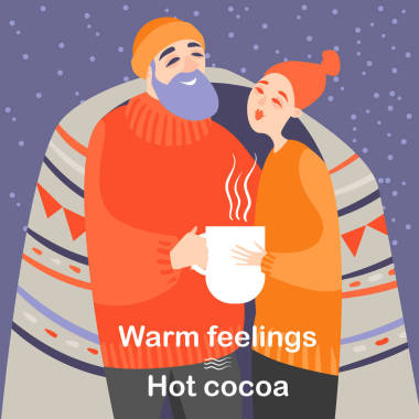 可爱的夫妇喝热可可从大白色杯子在一个寒冷的冬天天