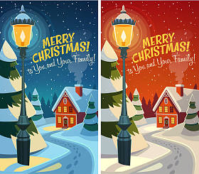 Old-fashioned street lamps. Christmas card poster banner. Vector illustration