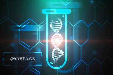 白色 dna 螺旋在試管在藍(lán)色綠色背景下與碳原子網(wǎng)格和文本遺傳學(xué)在左角落。生物技術(shù)、生物學(xué)、醫(yī)學(xué)和科學(xué)概念。3d 渲染模擬色調(diào)圖像