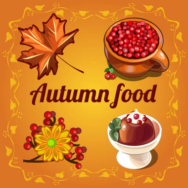秋季海报与干燥枫叶, 成熟的红莓, 巧克力布丁与橘和装饰品在华丽的模式。矢量卡通特写插图