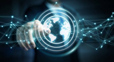 商人在模糊的背景下使用行星地球網(wǎng)絡(luò)球面接口3d 渲染