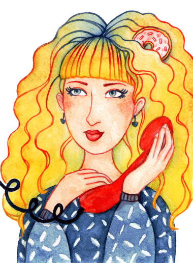 手繪水彩插圖, 一個(gè)金發(fā)女郎卷發(fā)與甜甜圈卡住, 在電話里聊天。秘書或?qū)W生。雜志或廣告插圖