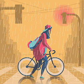 女孩在雨中漫步与她的自行车插图