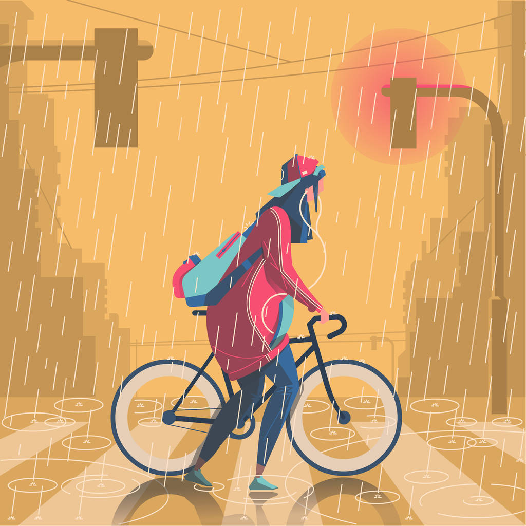 女孩在雨中漫步与她的自行车插图