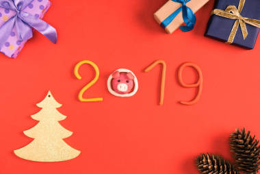 2019年的標志, 松樹錐和圣誕禮物紅色的最高視圖