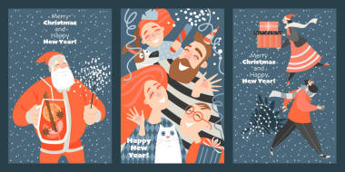 一套有趣的賀卡圣誕和新年?？ㄍL(fēng)格中的矢量插畫