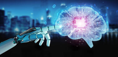 模糊背景下的機(jī)器人在數(shù)字大腦中創(chuàng)建人工智能3d 渲染