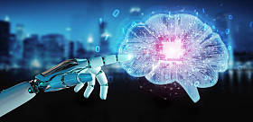 模糊背景下的机器人在数字大脑中创建人工智能3d 渲染