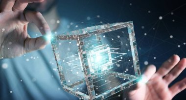 商人在模糊的背景下使用未来立方体纹理对象3d 渲染
