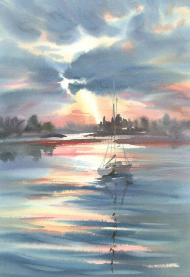 一個(gè)湖在傍晚的淡水彩背景下。水反射