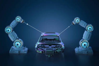 3d. 基于藍色背景的汽車廠自動繪制機器人裝配線