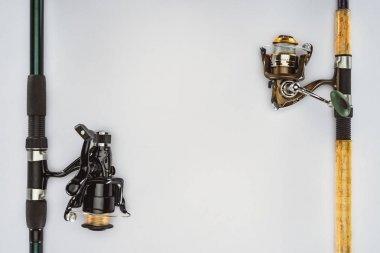 兩個(gè)被安排的釣魚(yú)竿的頂部看法被隔絕在白色, 簡(jiǎn)約概念 