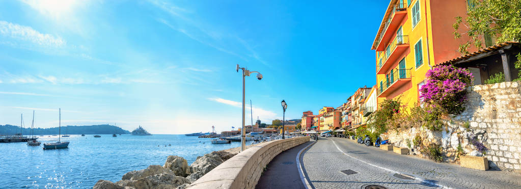 A panoramic view of the waterfront and streets of Villefrance-Sur Meir, France A panoramic view of the waterfront and streets of Villefrance-Sur Meir, France