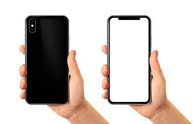 智能手机在女性手空白屏幕。背面和前面