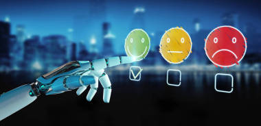 模糊背景下的白色機器人用細線客戶滿意度評