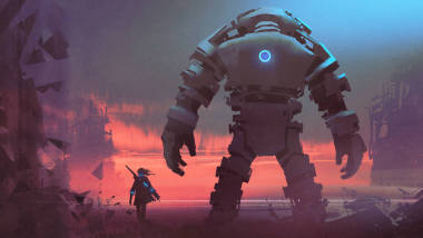 巨人机器人和它的主人看着一个被毁的城市在日落, 数字艺术风格, 数字绘画